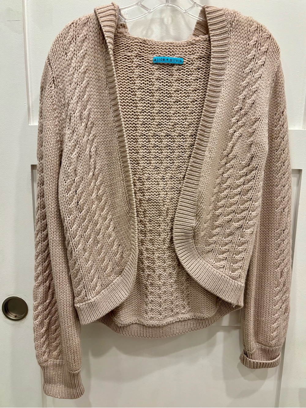 Alice + Olivia Pale Dusty Rose Cable-Knit Open Front Hooded Cardigan